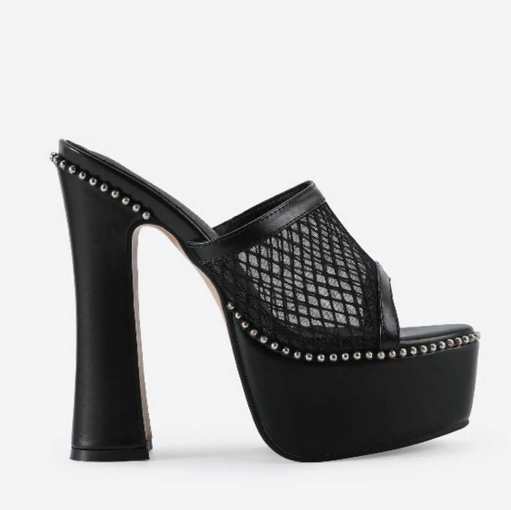 Women's Studed Mesh Platform Chunky Heel Mules Size 7.5